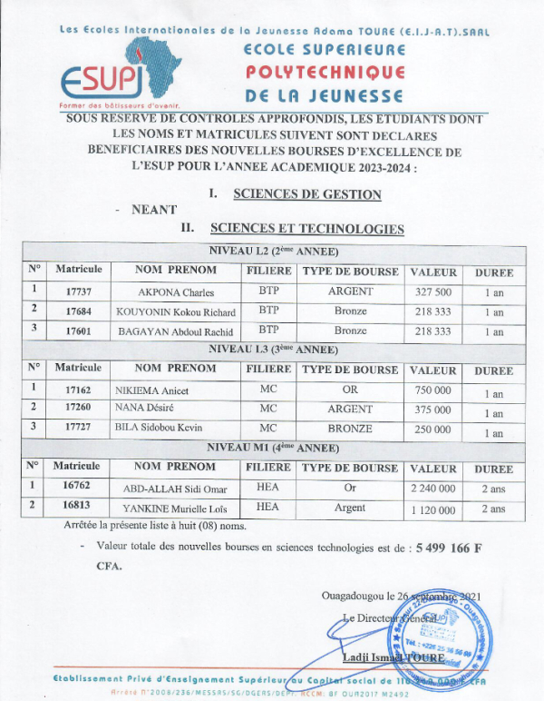 BOURSES D'EXCELLENCE ESUP 2023