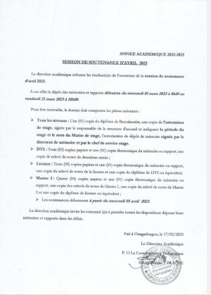 SESSION DE SOUTENANCE D'AVRIL 2023