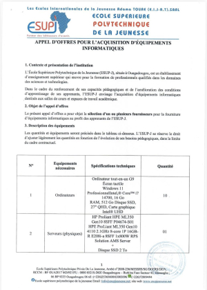 APPEL D&rsquo;OFFRES POUR L&rsquo;ACQUISITION D&rsquo;&Eacute;QUIPEMENTS INFORMATIQUES